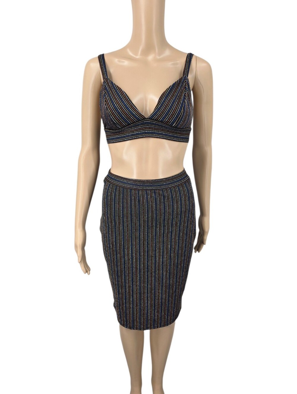 Metallic Stripe Crop Top Bralette and Midi Tubr Skirt Party Club Evening Sexy